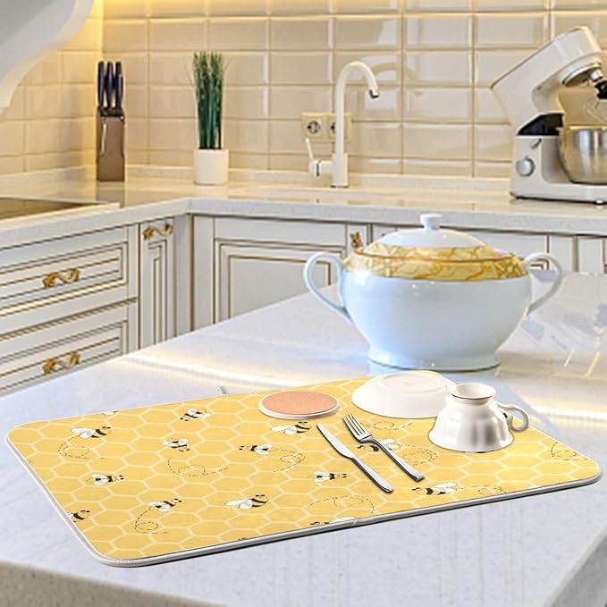 Funny Bees Honey Dish Drying Mat 18x24 for Kitchen Counter Yellow Bumblebee Beehive Dishes Pad Absorbent Fast Dry Dish Draining Mats Large Kitchen Accessories