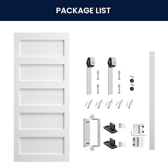SmartStandard 36x84 inch White Barn Door with 6.6FT Brushed Nickel Sliding Door Hardware Track Kit Included, Solid MDF Slab, Waterproof PVC Surface, 5-Panel, Suitable for Openings up to 34in x 82in