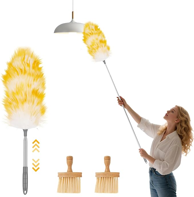 Lambswool Duster, 21"- 51" Extendable Feather Duster with 2 Brush, Long Feather Dusters for Cleaning Fans, Ceiling, Bookshelevs, for Home & Office