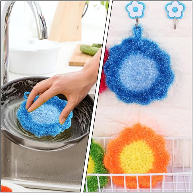 3Pcs Cute Flower Dish Scrubbers for Kitchen Korean Style Handmade Crochet Scouring Pads Non-Scratch Dish Sponges for Dishwashing Aesthetic Sink Decor Cleaning Puff