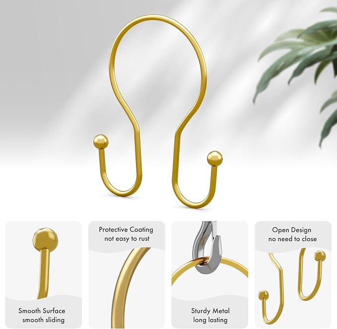 AmazerBath Shower Curtain Hooks, Dark Gold Shower Curtain Rings, Simple Double Hook Shower Curtain Hooks Rust Proof, Metal Smooth Shower Hooks for Shower Curtain Rod, 12 Pcs Shower Rod Hook