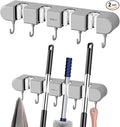2Pcs Broom Holder Wall Mount, No-Drilling Self-Adhesive Mop and Broom Storage Rack (4 Racks with 5 Hooks),Wall-Mounted Broom Hanger for Bathroom, Kitchen, Closet, Garage, Grey
