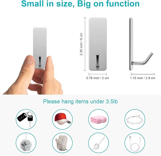 Small Self Adhesive Hooks for Walls No Damage, 6-Pack Stainless Steel Stick on Hooks for Hanging Towel Key Hat Bag Jewelry, Sticky Hangers for Kitchen Bathroom Door (Silver(6pcs))