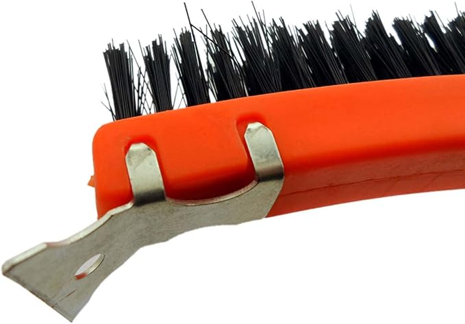 BRISTLE INDUSTRIAL BRUSHES (12 Pack) 13.5" (34.3 cm) Cleaning Brush with Metal Scraper | Tough Plastic Bristles | Vibrant Orange Nylon Molded Handle | Finger Grip Design | Display Box Set