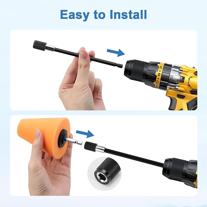 Linkstyle 5PCS Drill Polishing Cone Set, Car Wheel Polisher Sponge Pad Kit with Long Extension Pole & Cleaning Brush, Buffing Cone for 1/4" Hex Drill, Car Rim and Metal Surface Polishing Tool