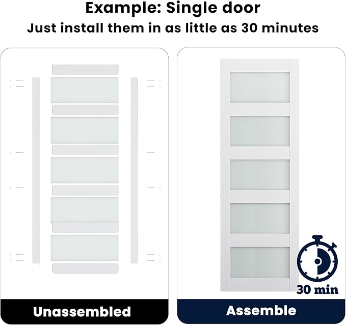 SmartStandard 60 x 84 in (Double 30×84 Door) Glass Barn Door with 10FT Sliding Hardware Kit & Handle, Pre-Drilled Ready to Assemble, Waterproof PVC Coating, 5-Panel Glass, White