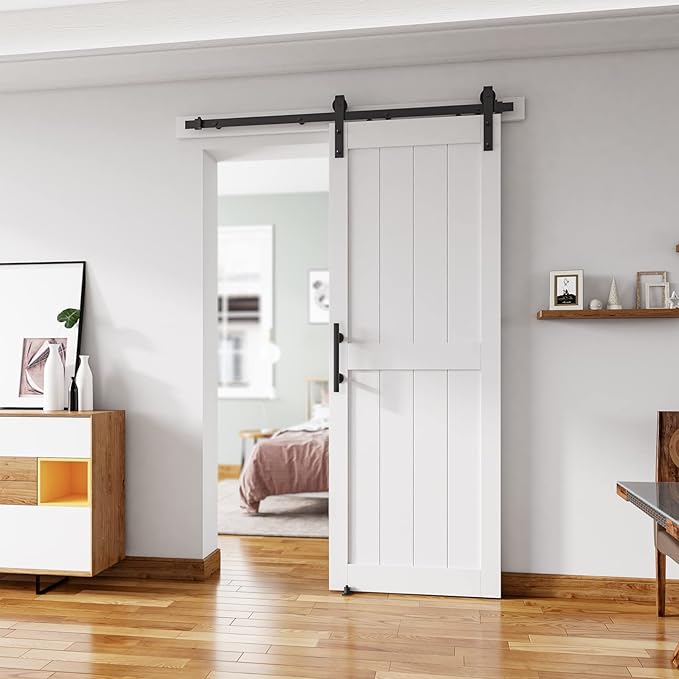 32''x84'' Sliding Barn Door with 6 Ft Barn Door Hardware Kit& Handle& Floor Guides,Pre-Drilled Holes Easy Assembly - Include Installation Manual, Water-Proof PVC Surface, H-Frame, White