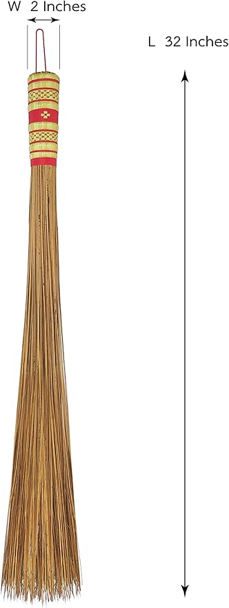 2 Piece 32 inch Multi-Surface Sturdy Outdoor Authentic Coconut Leaf Broom Asian Heavy Duty Broom Thai Natural Coconut Leaf Broom (Country Rustic)