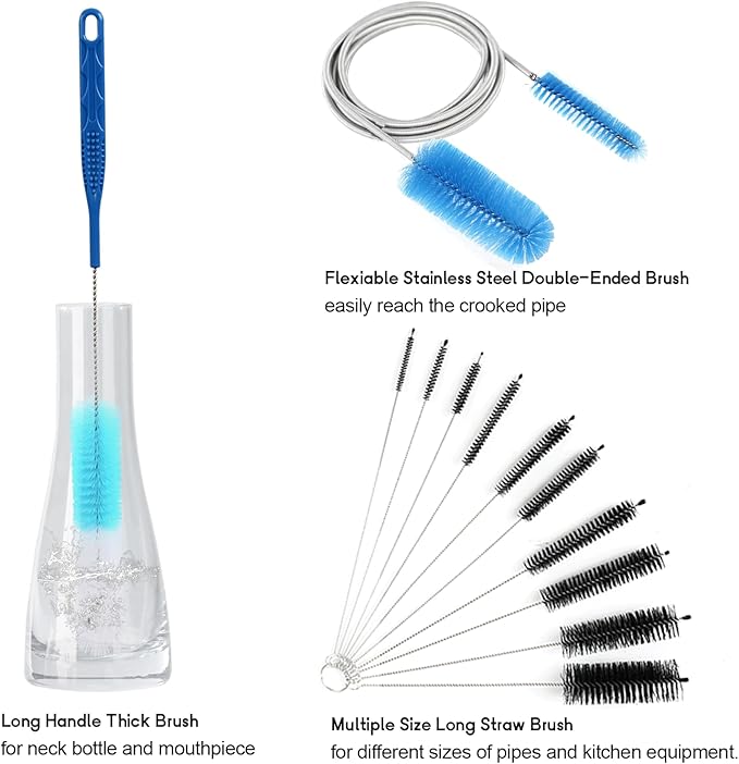 12 Pack Glass Tube Pipe Cleaner Set, 17 Inch Long Handle Nylon Brush for Neck Bottle, 8.2 Inch Various Diameter Tube Straw With Hook, 35 Inch Flexible Double Ended Hose Cleaner