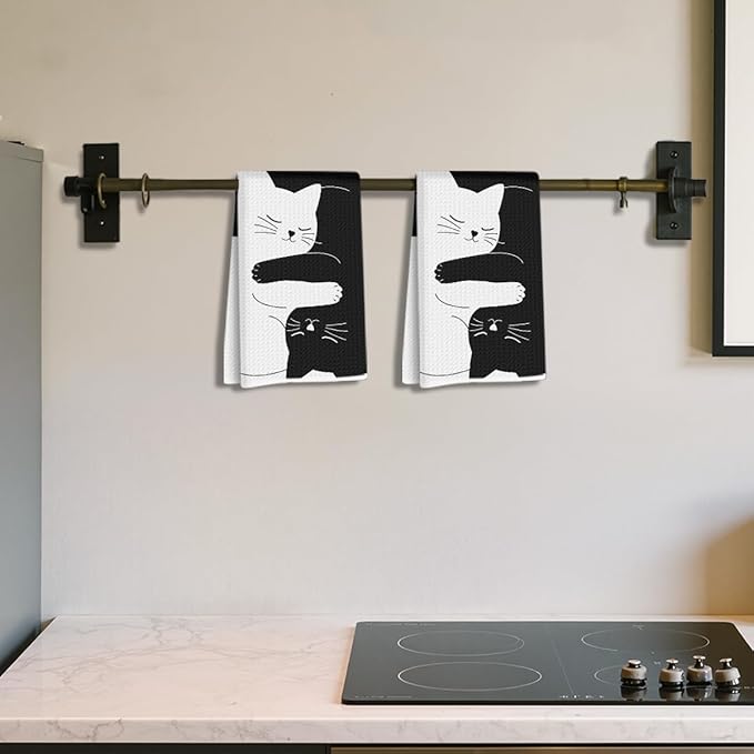 Hanamiya Na 2 Pcs Cute Cat Kitchen Towels 24x14 Inch, Cats Gifts Reusable Dish Towels for Kitchen Home Bathroom Decor, Waffle Weave Hand Cloth Tea Towel, Gifts for Cat Lovers Women Friend Girls
