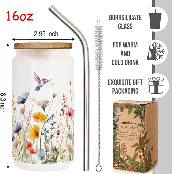Floral Iced Glass Cups with Bamboo Lids and Straws 16oz Wildflower Bible Coffee Cup Gift for Women Butterfly Flower Drinking Glass with Cleaning Brushes, Flower Gifts for Mother Bridesmaid Party