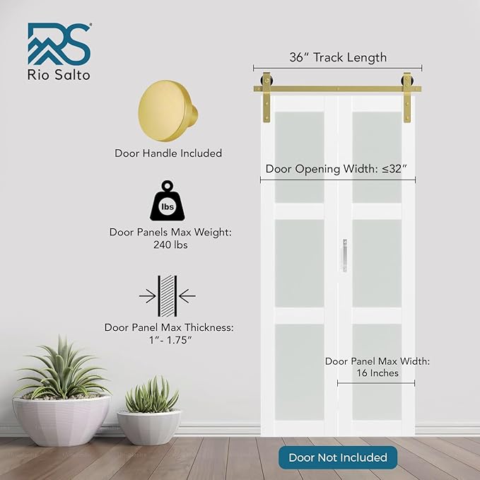 Rio Salto Gold Bifold Sliding Barn Door Hardware Kit Heavy Duty Metal Track System with Matching Knobs Gold Bi-Fold Barn Door Bifold Closet Doors, Bi-Folding 36" Track for 2 Doors, 2 Rollers No Door