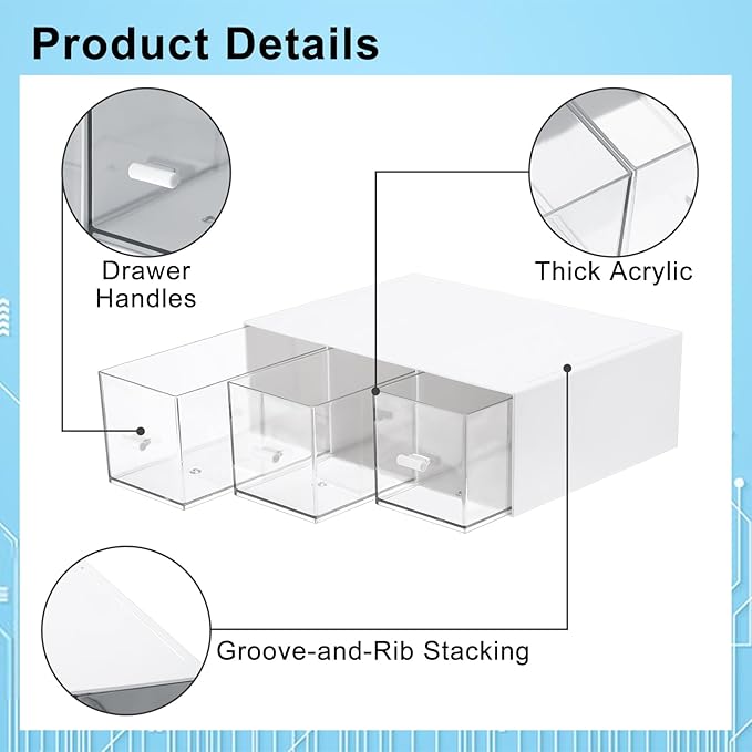BTSKY Acrylic Battery Organizer for AA, AAA, 9V, C, D Batteries, Multipurpose Storage Box with 3 Drawers, Household Desk Holder for Common Battery Types - White, 1 Pack (Batteries Not Included)