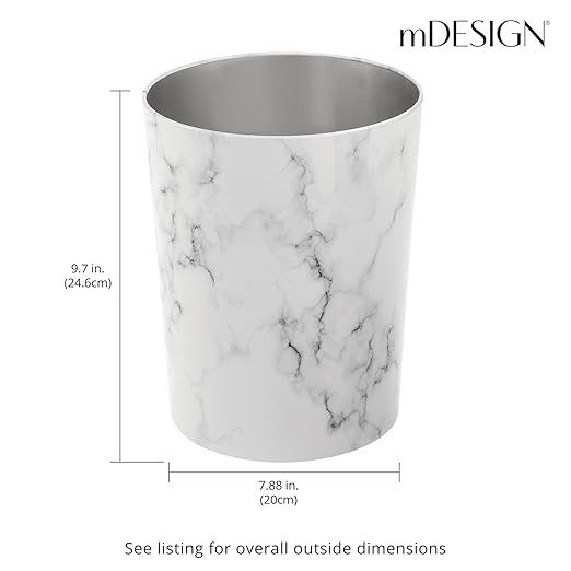 mDesign Round Metal Small 1.7 Gallon Recycle Trash Can Wastebasket, Garbage Container Bin for Bathrooms, Kitchen, Bedroom, Home Office - Durable Stainless Steel - Mirri Collection - White Marble