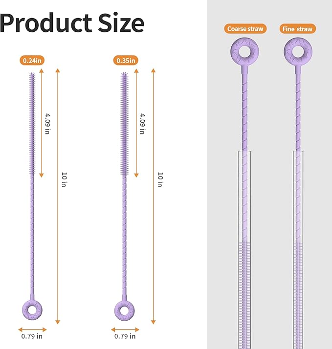2Pcs Silicone Straw Cleaner Brush, Dual-Size Brushes (6mm Slim & 9mm Wide), Clean for Reusable Straws, Cups and Tumblers, Durable & Eco-Friendly, Purple