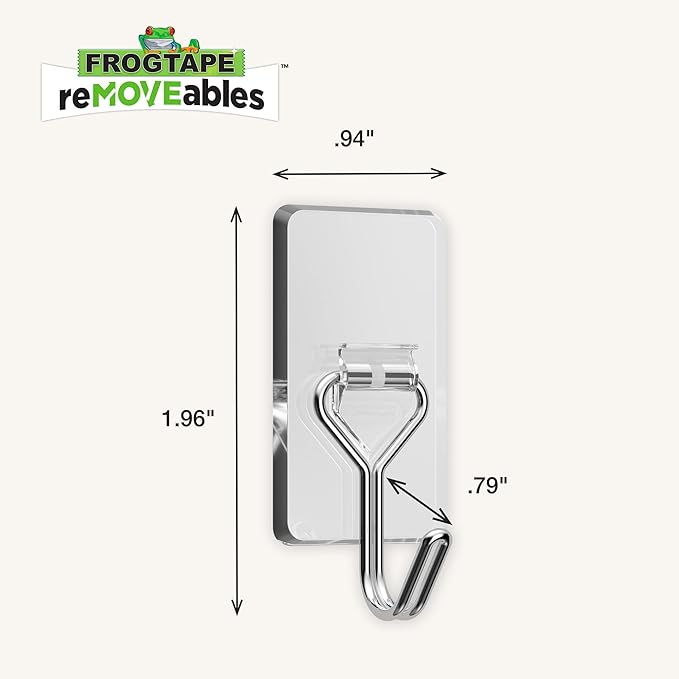 FrogTape reMOVEables Damage Free Adhesive Hook - Removable & Reusable Medium Wire Wall Hooks for Hanging - No Nails- Includes 36 Hooks & 48 Adhesive Strips, Holds up to 2 lbs, Clear (Pack of 36)