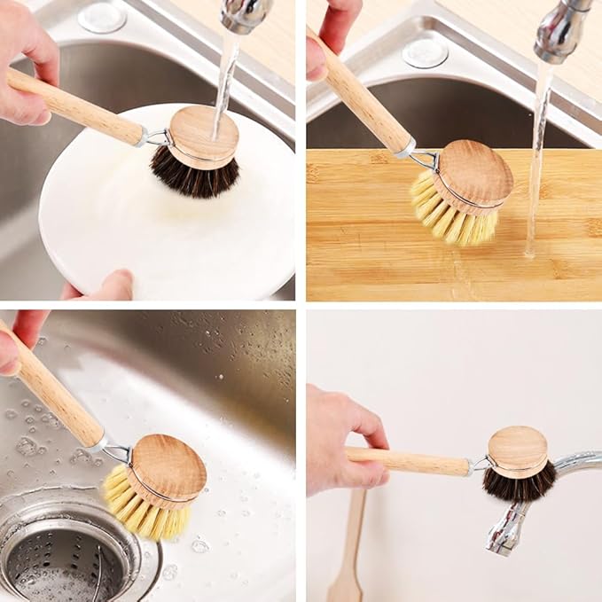 Bamboo Dish Brush Set, 1 Wooden Handle with 3 Natural Bristle Heads All Purpose Kitchen Scrub Brush with Sisal and Palm Horsehair for Cleaning Dishes Pans Vegetables(Color:Wood)