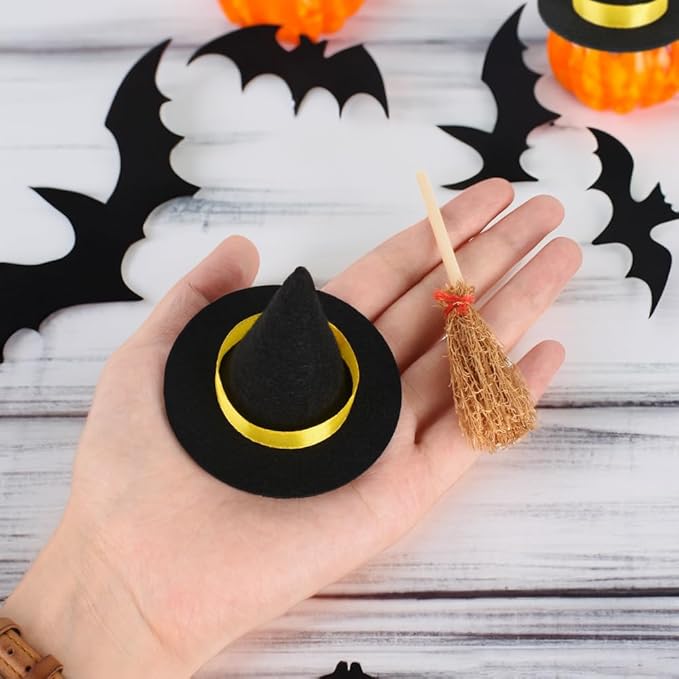 Mini Witch Hats and Mini Broom, Small Witch Hats for Crafts, 20 Pcs Halloween Party Decorations Costume Cosplay Accessory