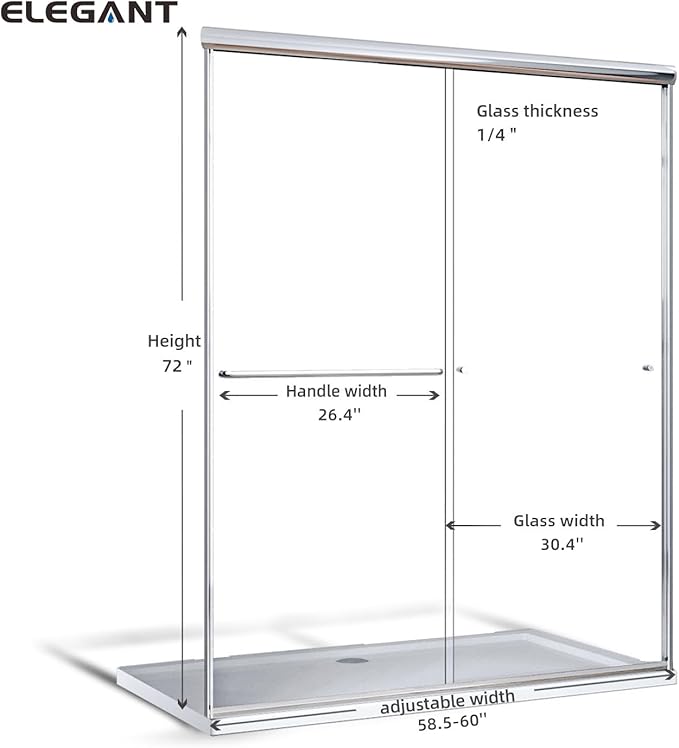ELEGANT Shower Doors 58.5-60" W x 72" H, Semi-Frameless Bypass Sliding Shower Door, 1/4" Clear Glass, Chrome Finish
