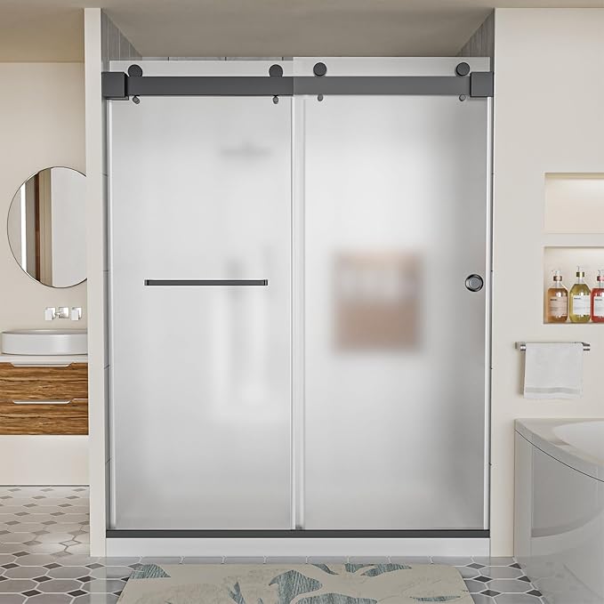 Frameless Shower Door, 56-60" W x 78" H 3/8" (10mm) Thick Tempered Frosted Glass Shower Door with Explosion-Proof Film Nano Coating, Double Sliding Doors for Walk in Shower, Stainless Steel Hardware