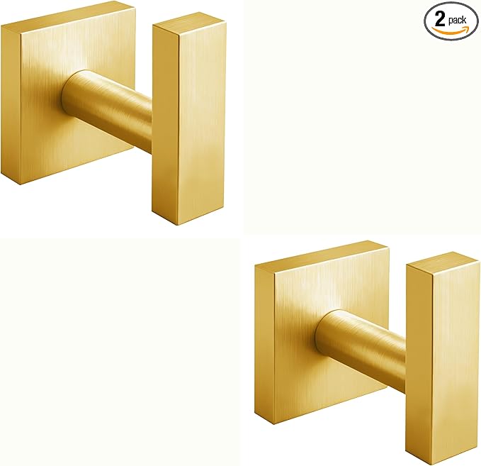 Towel Hooks for Bathrooms, Brushed Gold Towel Hook for Kitchen Bathroom, SUS304 Stainless Steel Coat Hook, Square Heavy Duty Holder Robe Hooks for Hanging Towels, Coats, sponges, Wall Mount, 2 Pack