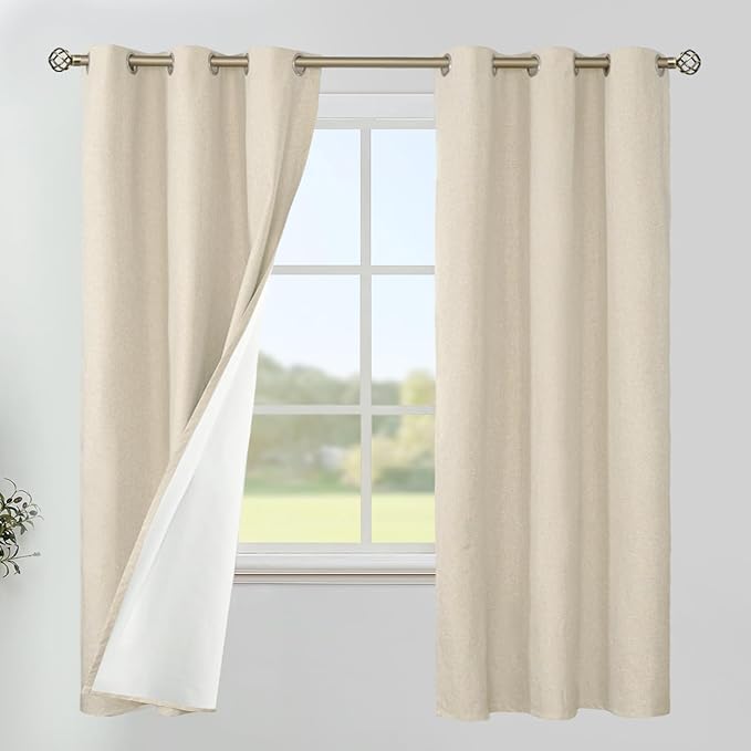 YoungsTex Natural Linen 100% Blackout Curtains 63 Inches Long, Thermal Insulated Black Out Drapes with Grommet Full Room Darkening for Living Room Bedroom Windows, 2 Panels, 42 X 63 Inch