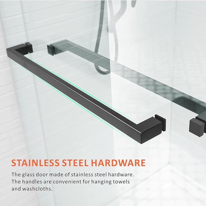 Frameless Double Sliding Shower Door 56-60'' W x 62'' H,Matte Black Stainless Steel Handles Glass Door for Bathtub,Tub Shower Door with 3/8" (10mm) Clear SGCC Tempered Glass