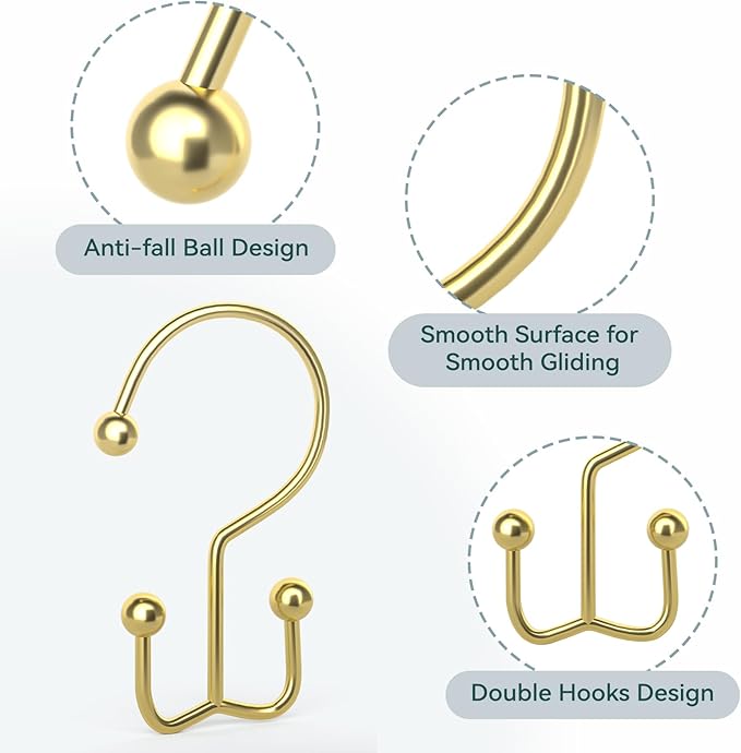 Goowin Shower Curtain Hooks, 12 Pcs Shower Curtain Rings, Durable Gold Shower Curtain Hooks, Double Glide Shower Curtain Rings Rust Proof, Simple Shower Hooks for Shower Curtain & Liner, Gold