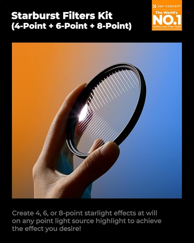 K&F CONCEPT 55mm Star Filters Kit (3pcs) 4 Points 6 Points 8 Points Cross Screen Starburst Filters Set -18 Layer Coating Ultra Slim Optical Glass Camera Lens Filter with 3 Cleaning Cloth