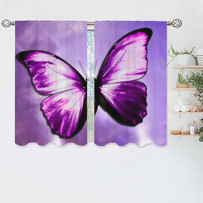 Purple Butterfly Kitchen Curtains Magical Mystical Beautiful Butterfly Short Tier Curtains for Bathroom Cafe Small Window Drapes Treatment 2 Panels (27.5x39 Inch)