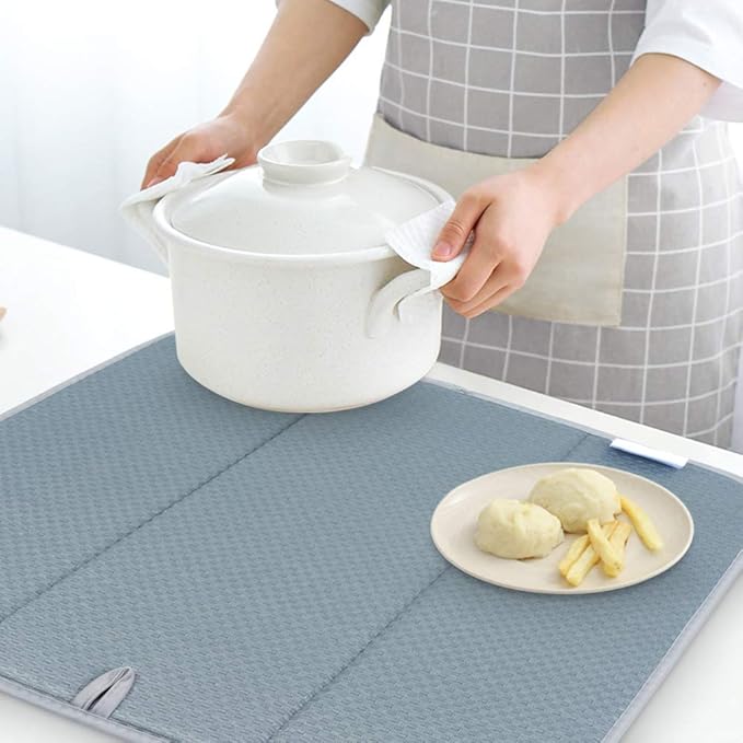 SINLAND Microfiber Dish Drying Mat Super Absorbent Dish Drying Pad for Kitchen Counter, Mat for Countertops or Sinks (16Inch X 18Inch, plaid greyx2)