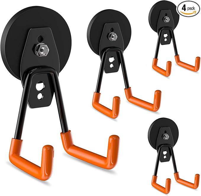 ENUODA Strong Magnetic Hooks Heavy Duty 4 Pack Magnet Garage Hook Heavy Duty Rare Earth Magnets Utility Storage Hooks for Hanging Ladder, Power Tool, Toolbox, Shovel, Broom, Extension Cord