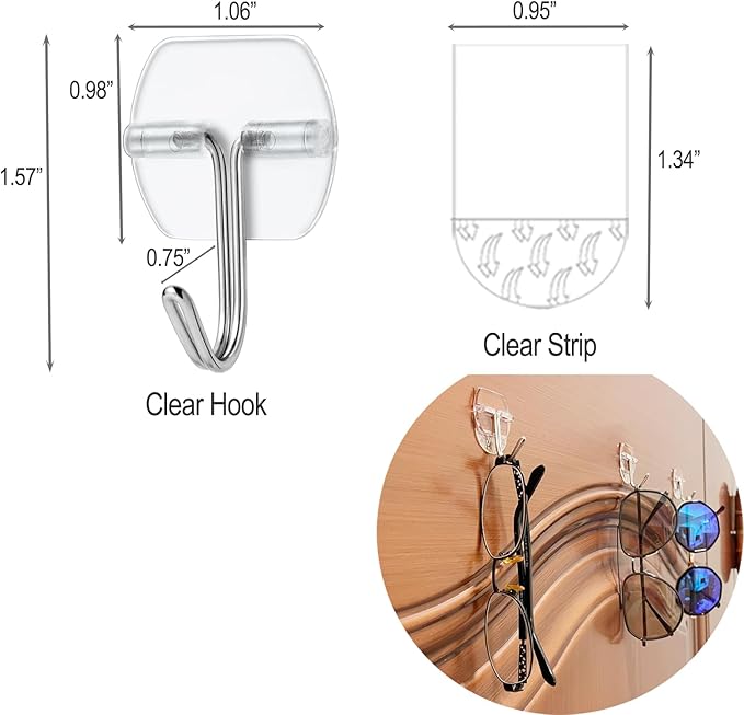 15 Small Wall Hooks for Hanging, with 20 Removable Strips, Clear Hanger Hooks, Damage-Free Utility Hooks with Adhesive Strips, Wire Toggle Wall Hook for Key, Hat, Decor, Door, Clear, Value Pack