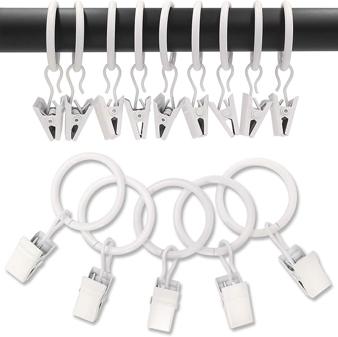 100 Pack Metal Curtain Rings with Clips, Drapery Clips with Rings, Drapes Rings 1 inch Inner Diameter, Fits Diameter 5/8 inch Curtain Rods, White