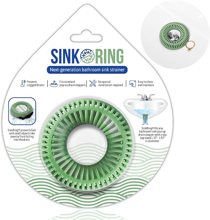 Bathroom Sink Hair Catcher for Pop-Up Drain – SinkRing 1.57" Precision Strainer for Bathroom Sink Drains | Clog-Free Hair Trap for Contacts, Earrings, Jewelry | No Suction or Screws – Sage Green