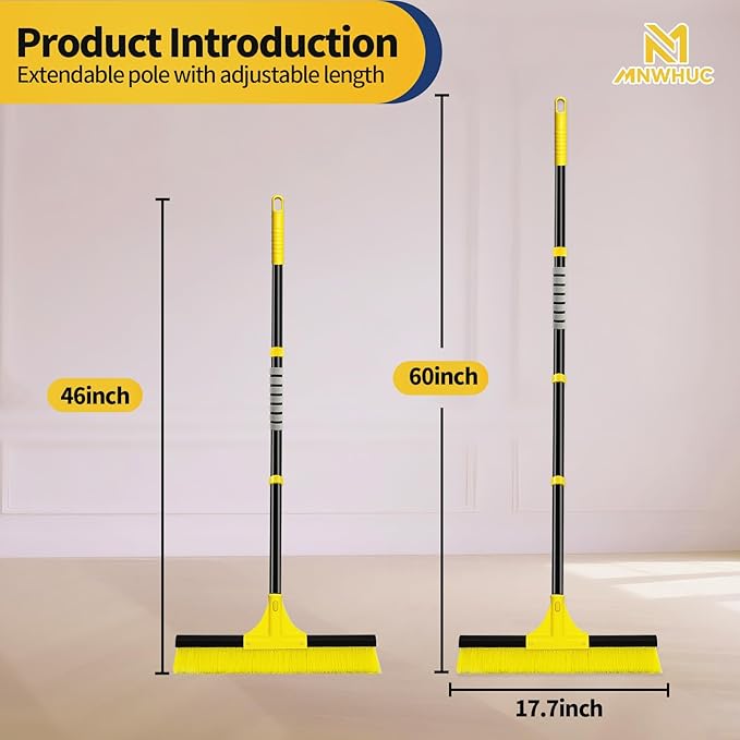 18”Push Broom Brush for Floor Cleaning with 60” Long Handle and Stiff Bristles, Heavy Duty Brush for Shop, Deck, Garage, Concrete,Indoor and Outdoor Broom