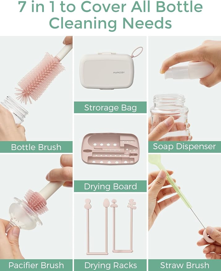 Momcozy Baby Bottle Brush Set, Cleaner Kit with Silicone Nipple Straw Brush, Soap Dispenser, Drying Rack - 7 in 1 Bottle Cleaning Tool for Home and Travel, Pink