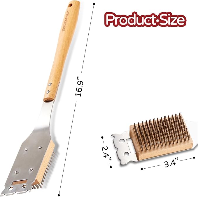 Pizza Oven Brush, 16.9 Inch Grill Cleaning Brush with Scraper, Stainless Steel Bristles with Beech Wood Handle, 2 in 1 Pizza Stones Brush, Ourdoor Pizza Oven Accessories, Heat Resistant