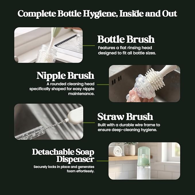 Bottle Brush Set Cleaner Silicone Brushes - Premium Food-Grade Silicone - Travel Friendly Portable Baby Bottle Cleaner Kit (Green, Press Bubble Style)