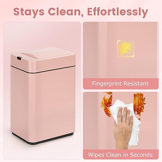 Sensor Trash Can with Butterfly Lid 2.6 Gallon Rectangular Automatic Garbage Can, Stainless Steel Trash Bin, Slim Waterproof Wastebaskets with Lid Soft Close for Under Counter, Pink