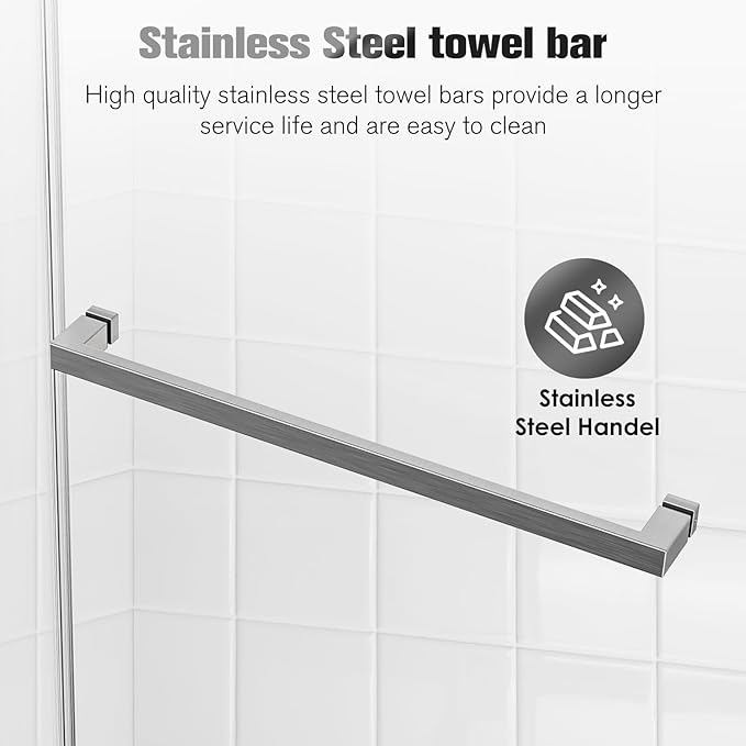 Shower Door 56–60 in W x 76 in H, 3/8" Tempered Glass Double Sliding Shower Door, Frameless Brushed Nickel, Exquisite Rolling Track Design, Reversible Installation for Modern Bathroom