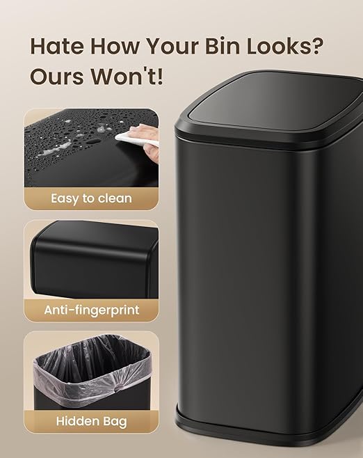 Cesun Small Bathroom Trash Can with Swing-Top Lid,8L/2.1 Gallon Stainless Steel Garbage Can with Removable Inner Bucket, Slim Waste Basket for Home, Office, Toilet, Bedroom, Living-Room (Black)