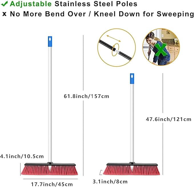 18" Push Broom Outdoor Heavy Duty, Snow Broom with Long Handle, Shop Broom Garage Push Broom for Garden, Patio, Garage, Bathroom, Kitchen, Tub, Carpet, Tile, Deck, Concrete, Industrial (Red White)