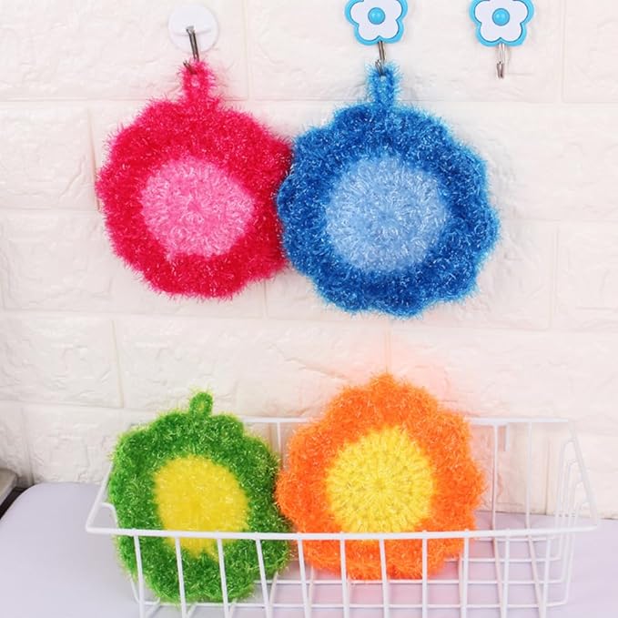 3Pcs Cute Flower Dish Scrubbers for Kitchen Korean Style Handmade Crochet Scouring Pads Non-Scratch Dish Sponges for Dishwashing Aesthetic Sink Decor Cleaning Puff