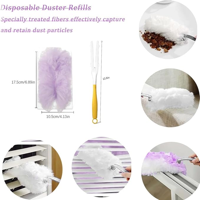 Duster Refills Compatible with Swiffer Duster, Heavy Duty Multi Surface Duster Replacement with 1 Extra Handle for Cleaning Furniture, Blinds, Ceiling Fans and Car (Purple- 35 Pack)