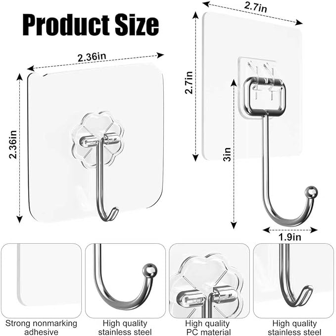30Pack Adhesive Hooks Set, Stainless Steel Clear Sticky Hooks, Heavy Duty Wall Hooks for Home Kitchen, Bathroom, Door, 20 Small 33lb & 10 Large 44lb Waterproof Utility Hooks