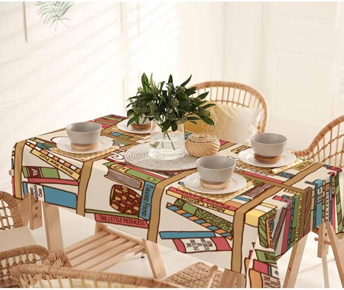 Books on Bookshelf Rectangular Tablecloth Cute Sleeping Cat Kitten in Library Brown 52x70 Table Cloth for Wedding Party Banquet,Dining Kitchen Table Cover