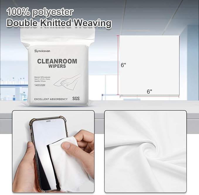 Cleanroom Wipers 6"x6"(150 Pcs, 100% Polyester, Class 100, 140GSM) Double Knit 100% Lint Free Cloths with Ultra-fine Filaments, Laser Sealed Edge Ultra-Soft Wipers