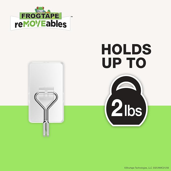 FrogTape reMOVEables Damage Free Adhesive Hook - Removable & Reusable Medium Wire Wall Hooks for Hanging - No Nails- Includes 6 Hooks & 8 Adhesive Strips, Holds up to 2 lbs, Clear (Pack of 6)