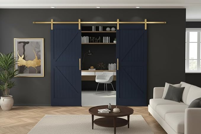 Rio Salto Gold Barn Door Hardware Kit Plus Length 72" Sliding Door Hardware Modern Barn Interior Brushed Brass Panel Hardware (Hardware Kit Plus, 6ft - Double Door)